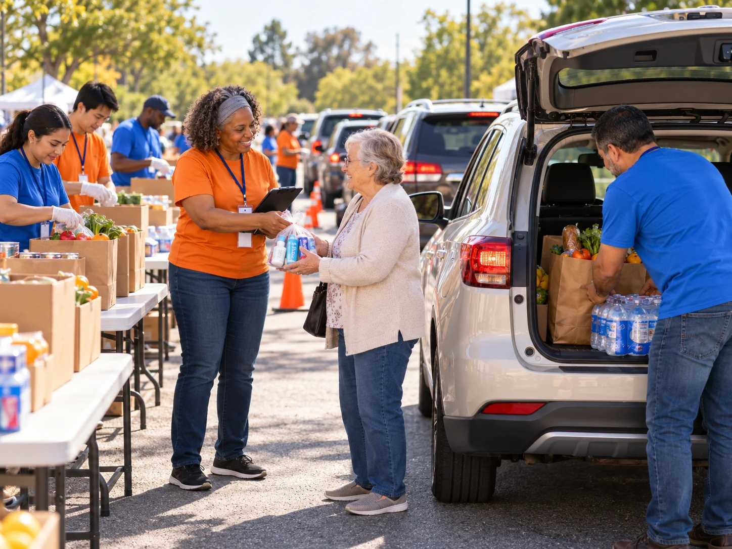 Volunteers at a community drive-through distribution loading groceries and water while helping an older adult