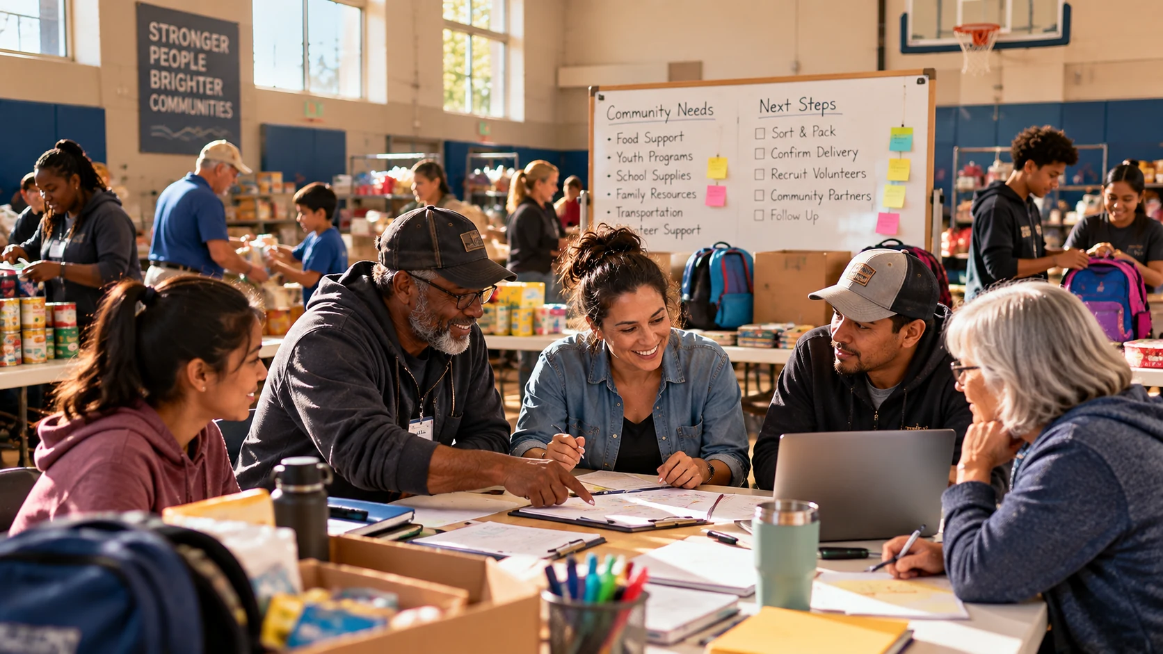 A diverse community organization team planning needs and next steps while volunteers prepare supplies in a community center